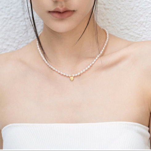 Gold Heart Pendant Rice Pearl Beaded Necklace